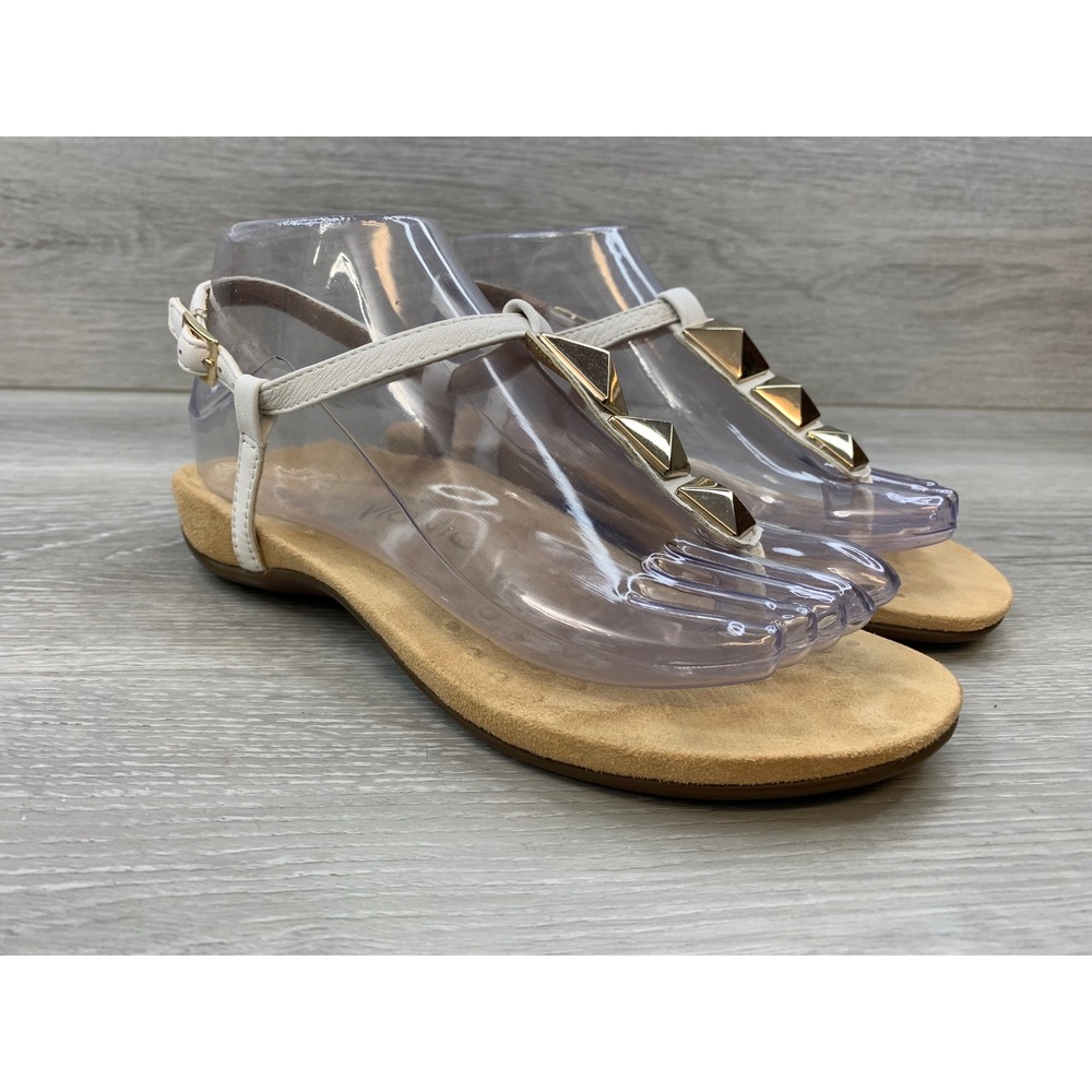 Vionic Nala Women's Sandals White Leather Gold Studded T-Strap 6 Casual Shoes